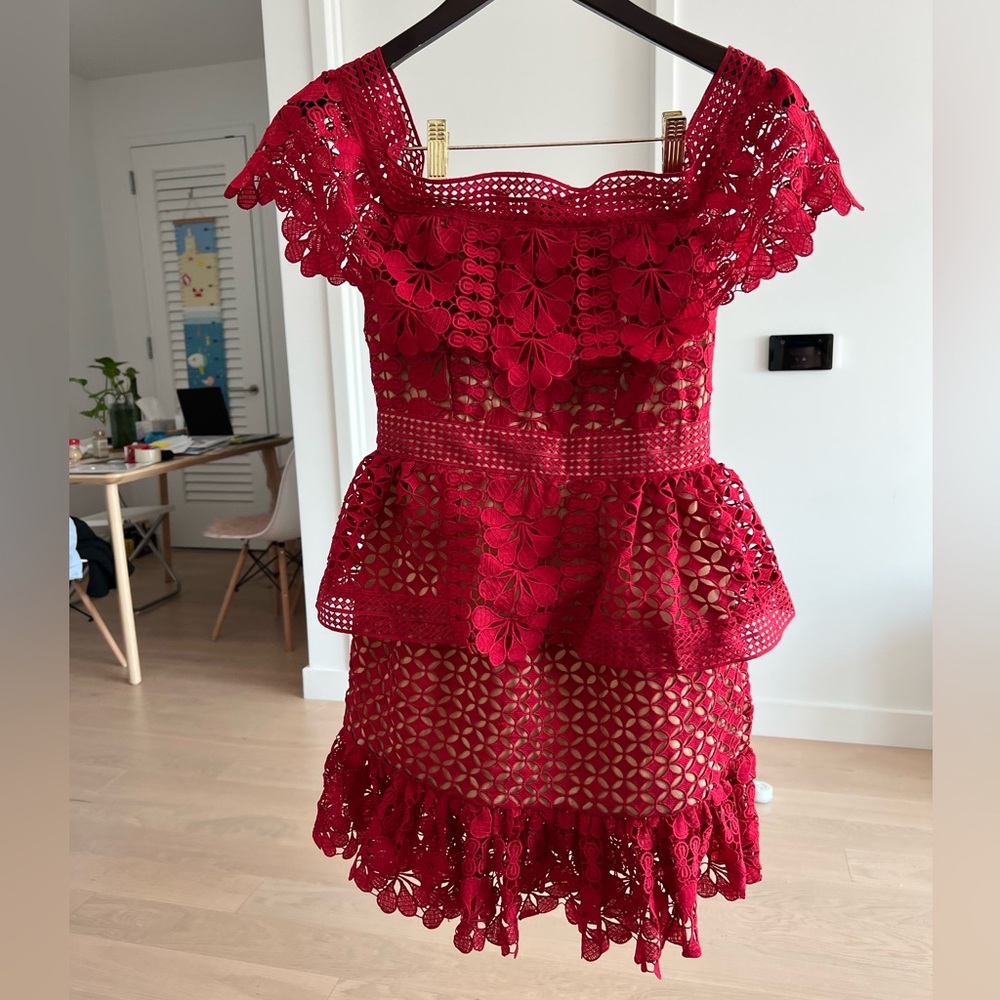 Red lace off shoulder mini dress